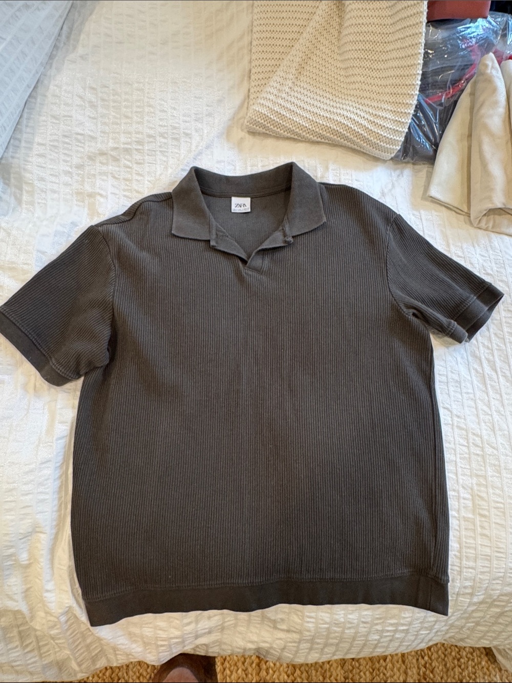 Zara Men Ribbed Short Sleeve Polo - Charcoal Gray